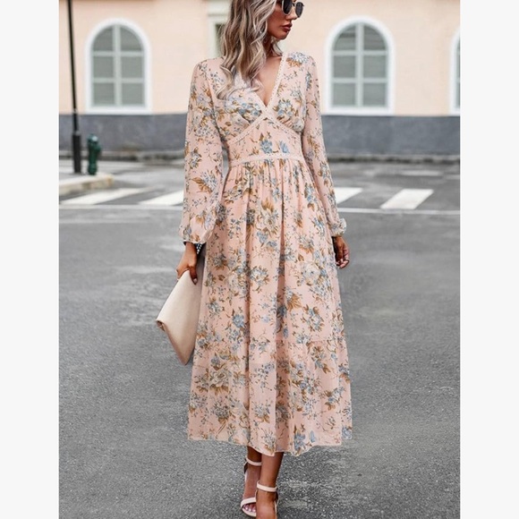 Never worn - V Neck Long Sleeve Wrap Maxi A Line Empire Waist Chiffon Dress - Picture 2 of 4